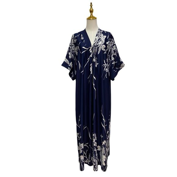 Vintage Anthony Richards Navy & White Floral Zip Front Lounge Caftan size OS - Picture 1 of 7